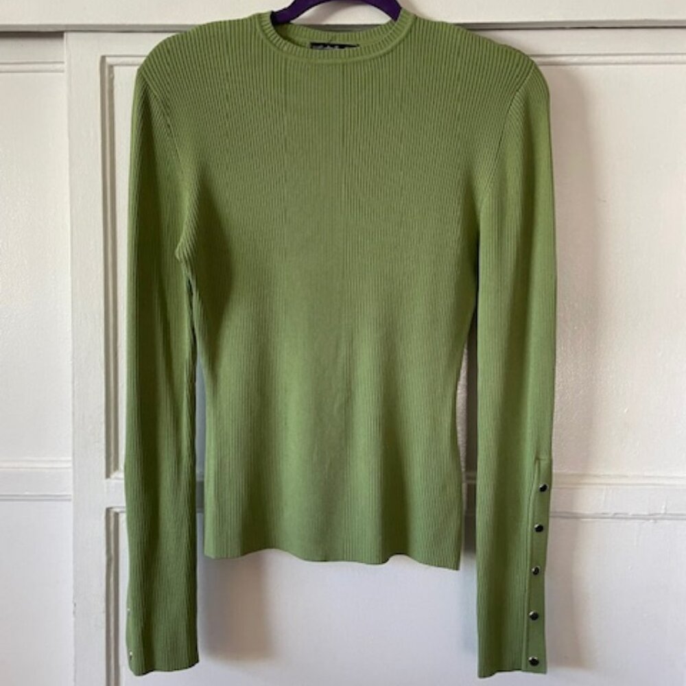 Ribbed Top Small Avocado Green Long Sleeve Snap Metal Buttons Indie Glam Chic